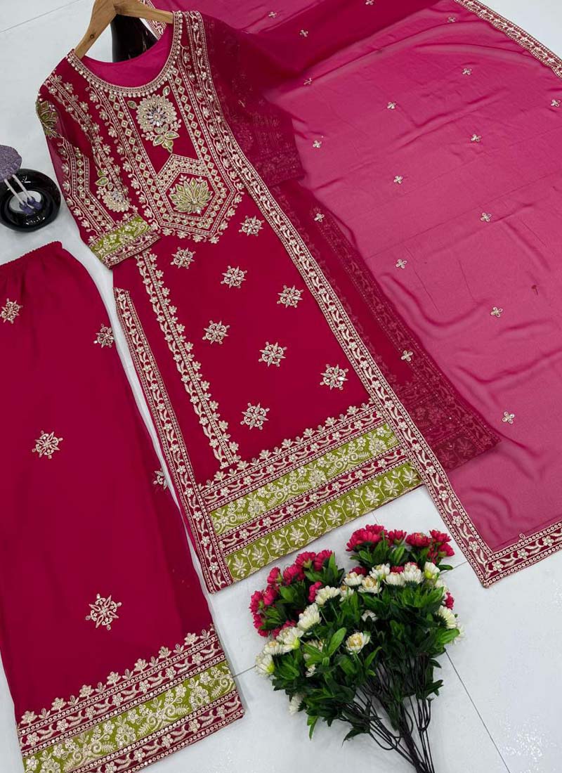Prazu Fashion Pink Georgette Embroidered Palazzo Suit