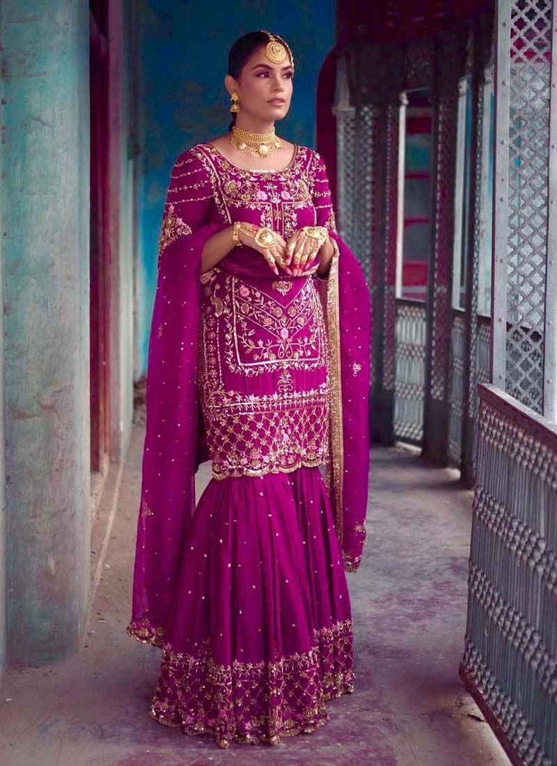 Prazu Fashion Purple Chinon Silk Embroidered Sharara Suit - Distacart