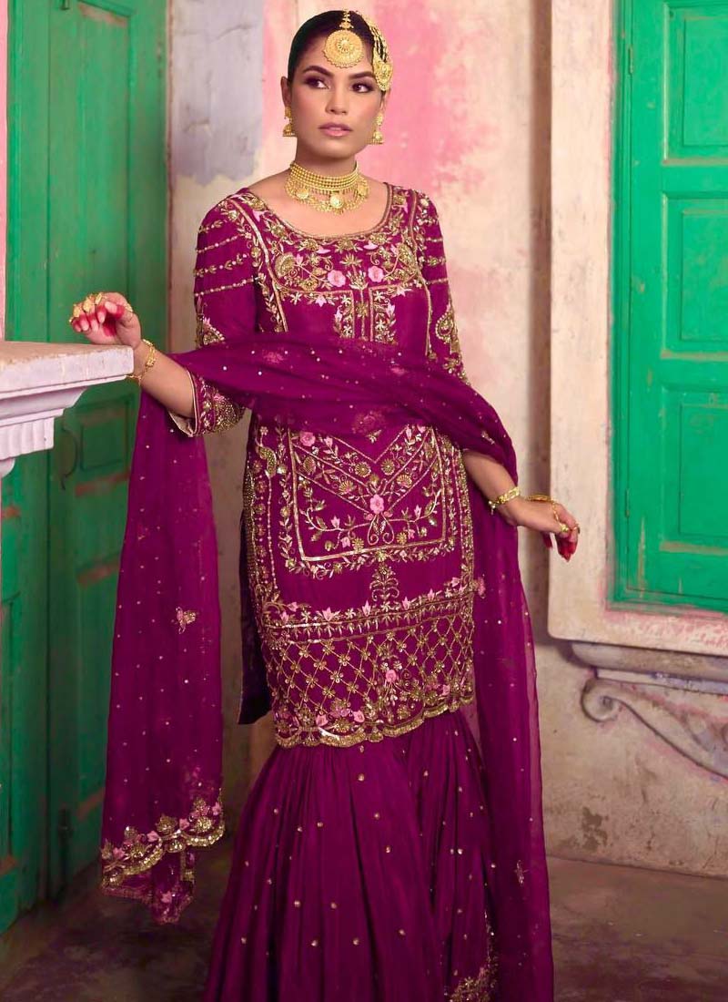 Prazu Fashion Purple Chinon Silk Embroidered Sharara Suit - Distacart