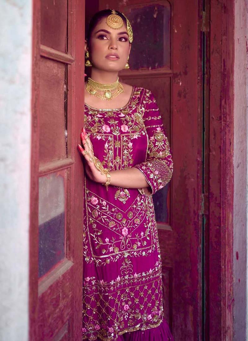 Prazu Fashion Purple Chinon Silk Embroidered Sharara Suit - Distacart