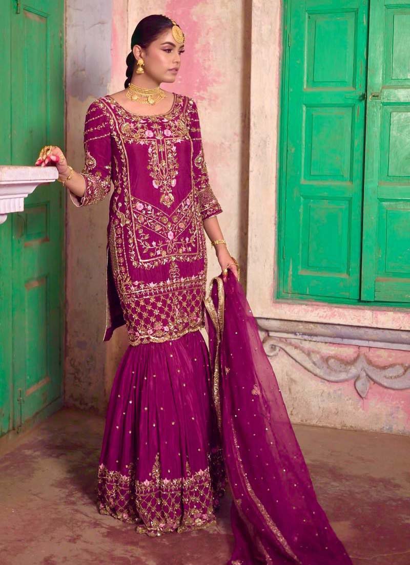 Prazu Fashion Purple Chinon Silk Embroidered Sharara Suit - Distacart