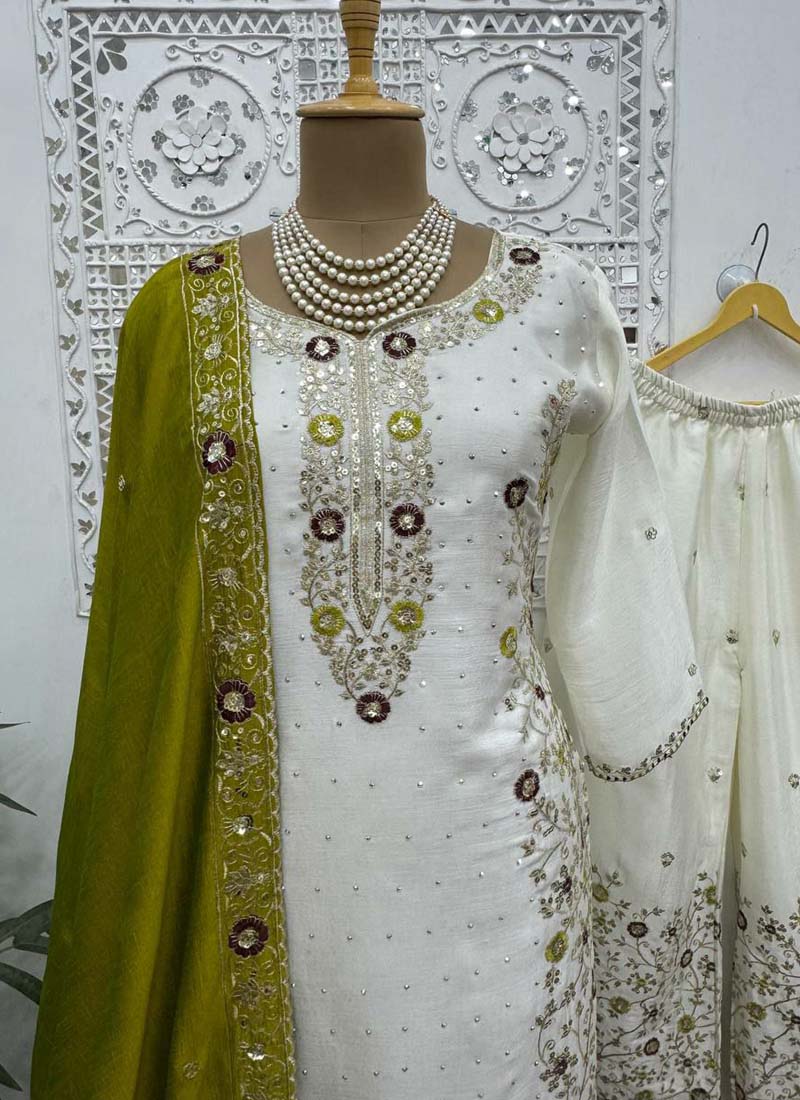 Prazu Fashion Off White Chinon Silk Embroidered Palazzo Suit