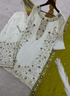 Prazu Fashion Off White Chinon Silk Embroidered Palazzo Suit