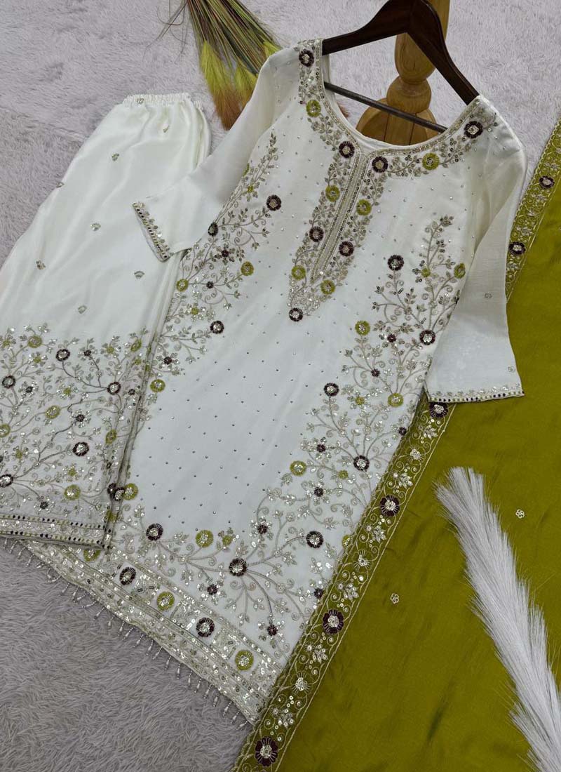 Prazu Fashion Off White Chinon Silk Embroidered Palazzo Suit