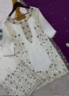 Prazu Fashion Off White Chinon Silk Embroidered Palazzo Suit