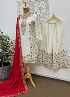 Prazu Fashion Off White Chinon Silk Embroidered Palazzo Suit