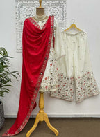 Prazu Fashion Off White Chinon Silk Embroidered Palazzo Suit