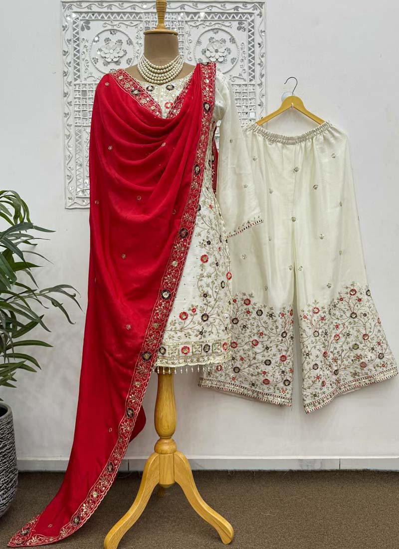 Prazu Fashion Off White Chinon Silk Embroidered Palazzo Suit