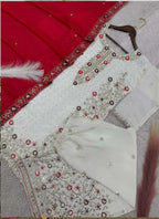 Prazu Fashion Off White Chinon Silk Embroidered Palazzo Suit