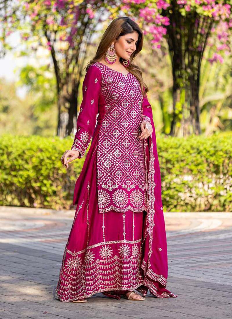 Prazu Fashion Pink Chinon Silk Thread Work Palazzo Suit