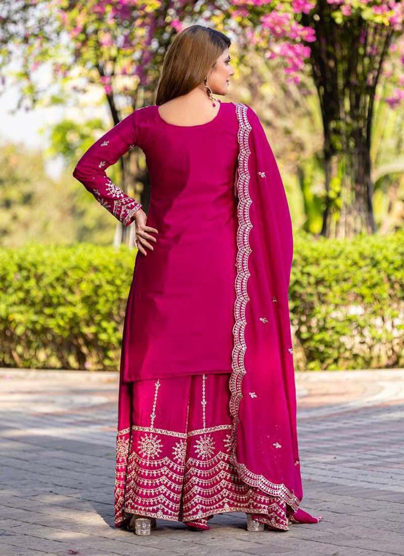 Prazu Fashion Pink Chinon Silk Thread Work Palazzo Suit