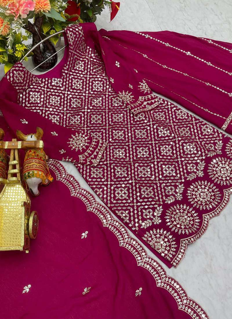 Prazu Fashion Pink Chinon Silk Thread Work Palazzo Suit