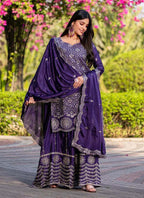 Prazu Fashion Violet Chinon Silk Thread Work Palazzo Suit - Distacart