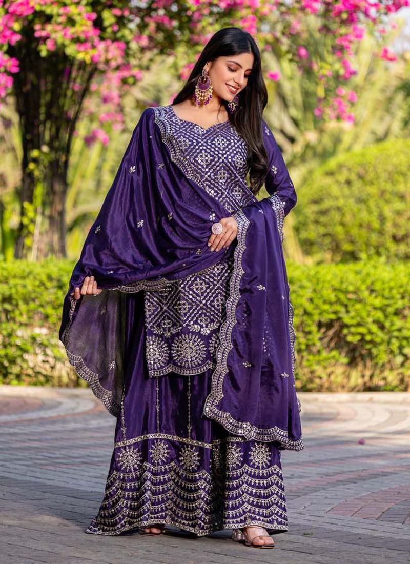 Prazu Fashion Violet Chinon Silk Thread Work Palazzo Suit - Distacart