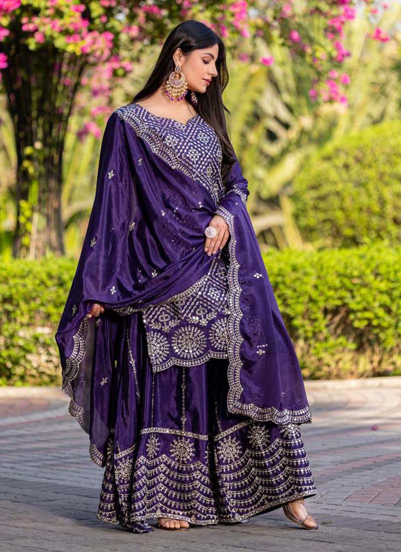 Prazu Fashion Violet Chinon Silk Thread Work Palazzo Suit - Distacart