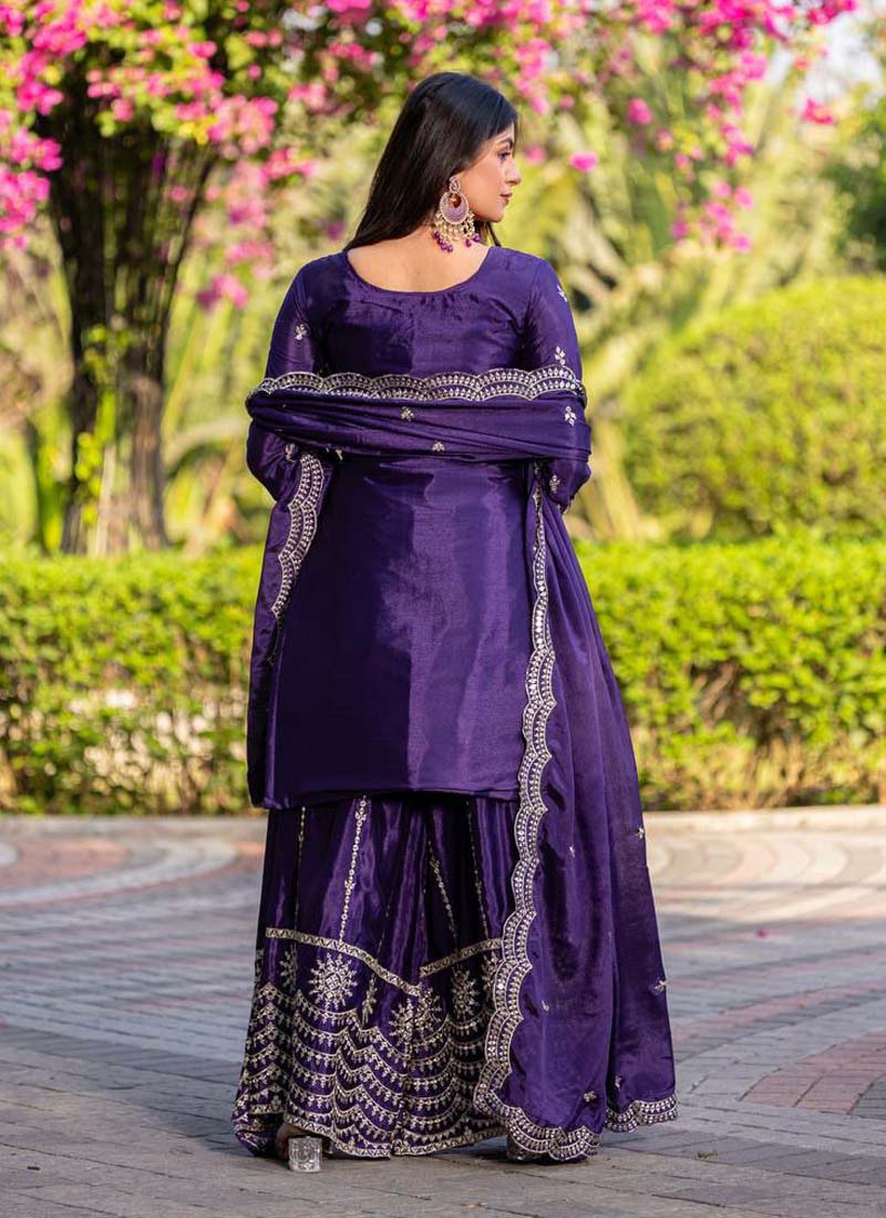 Prazu Fashion Violet Chinon Silk Thread Work Palazzo Suit - Distacart
