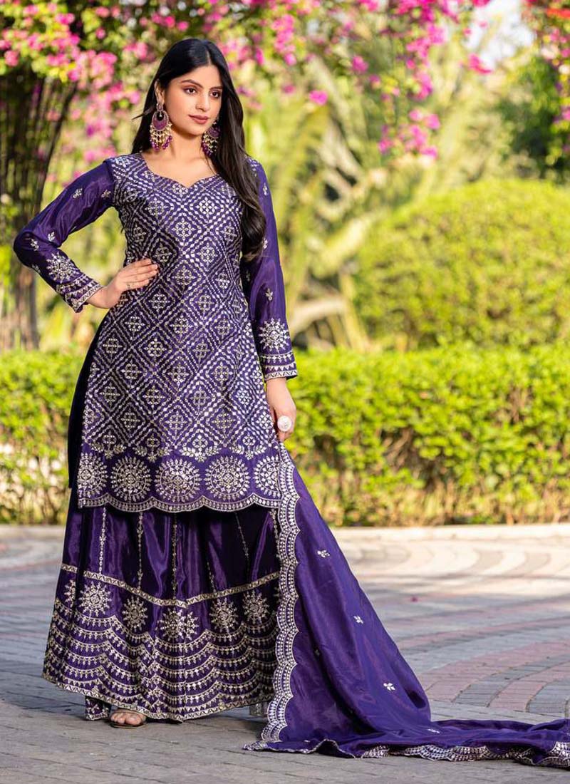Prazu Fashion Violet Chinon Silk Thread Work Palazzo Suit - Distacart