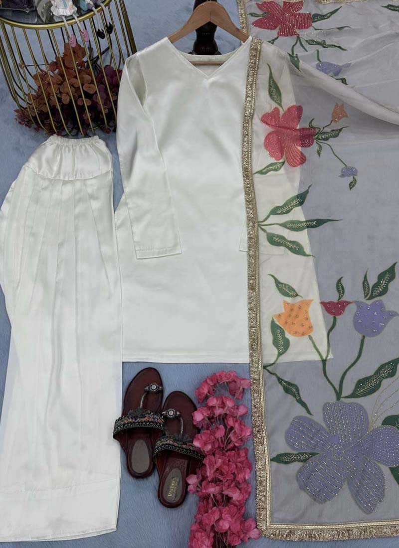 Prazu Fashion Off White Japan Satin Silk Designer Palazzo Suit