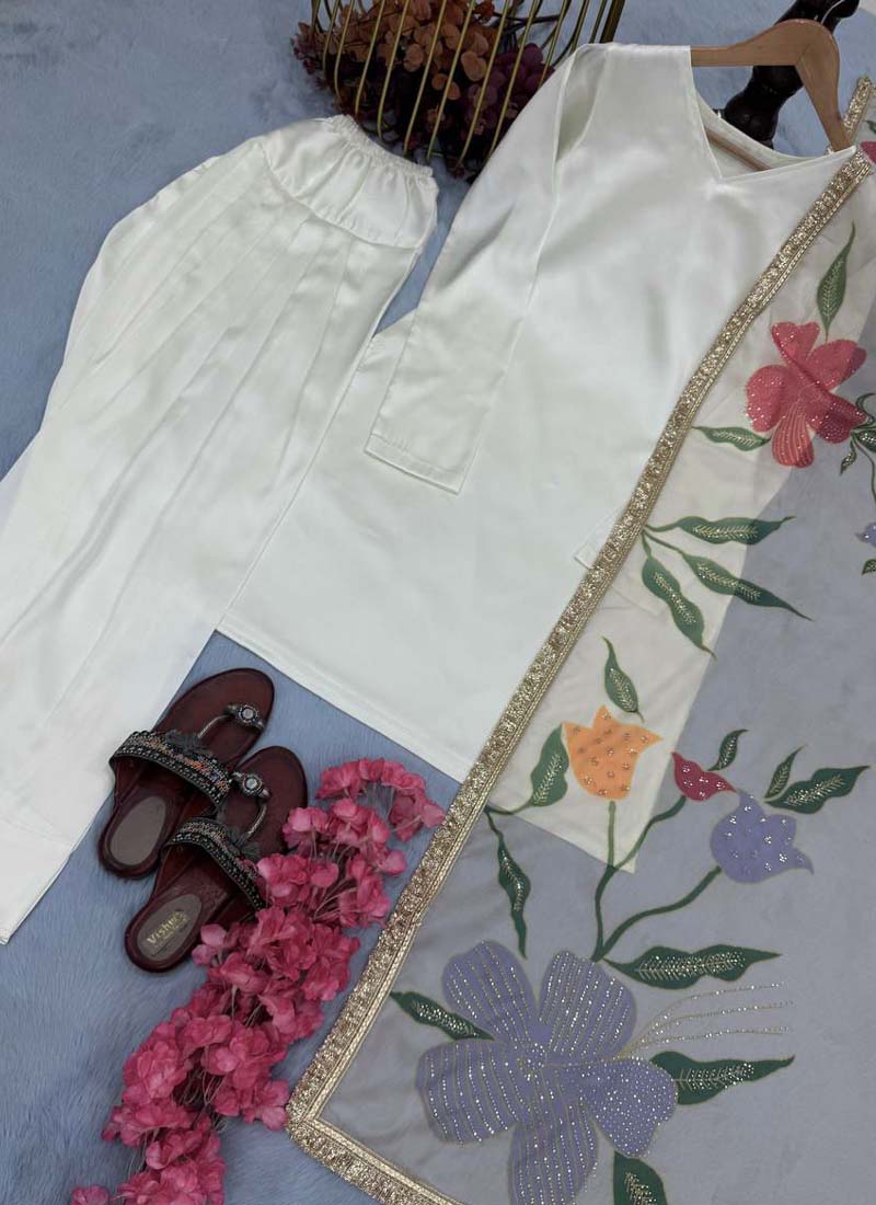 Prazu Fashion Off White Japan Satin Silk Designer Palazzo Suit
