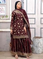 Prazu Fashion Dark Maroon Chinon Silk Embroidered Sharara Suit - Distacart