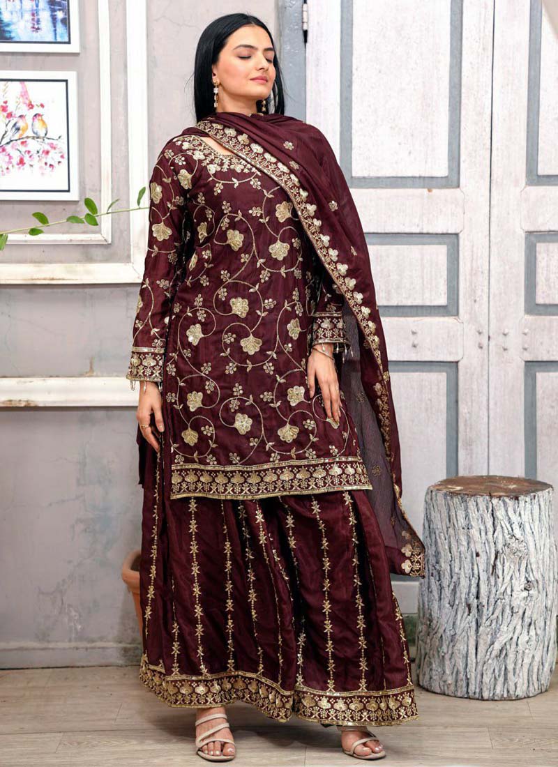 Prazu Fashion Dark Maroon Chinon Silk Embroidered Sharara Suit - Distacart