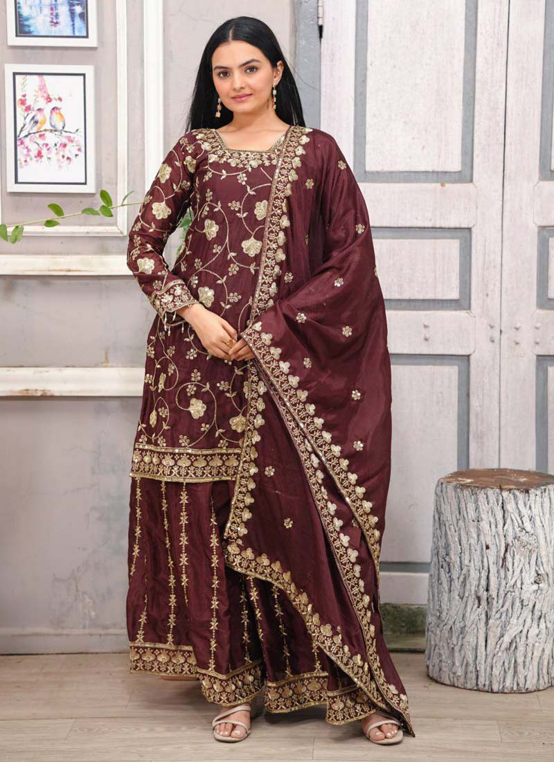 Prazu Fashion Dark Maroon Chinon Silk Embroidered Sharara Suit - Distacart