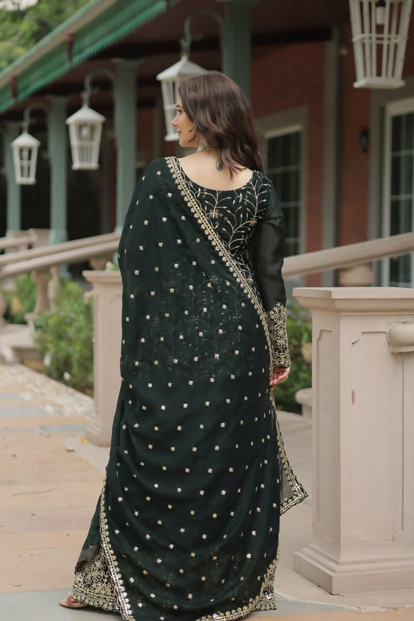 Vastranavya Premium Designer Heavy Sequins & Thread Embroidered work Kurti Palazzo & Dupatta - Mehendi
