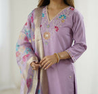 The52 Lavender Women's Gorgeous Embroidered work Viscose Gadhwal Fabric Straight Kurta, Pant and Dupatta Set - Distacart