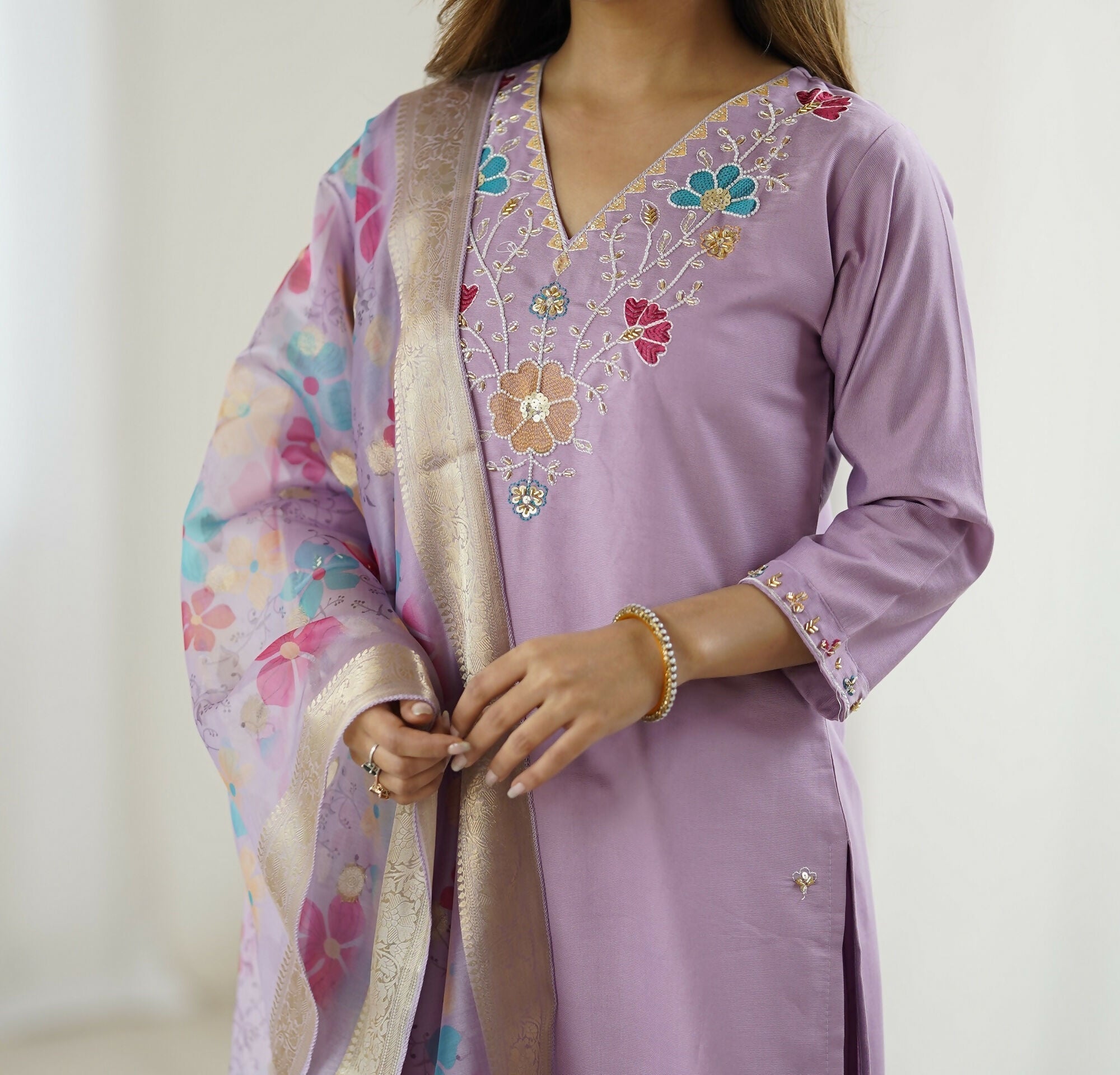 The52 Lavender Women's Gorgeous Embroidered work Viscose Gadhwal Fabric Straight Kurta, Pant and Dupatta Set - Distacart