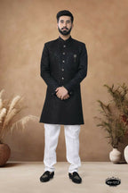 Joban Fashion Men's Black Straight Silk Thread & Sequence Embroidery All Over Indo-Western Kurta Set