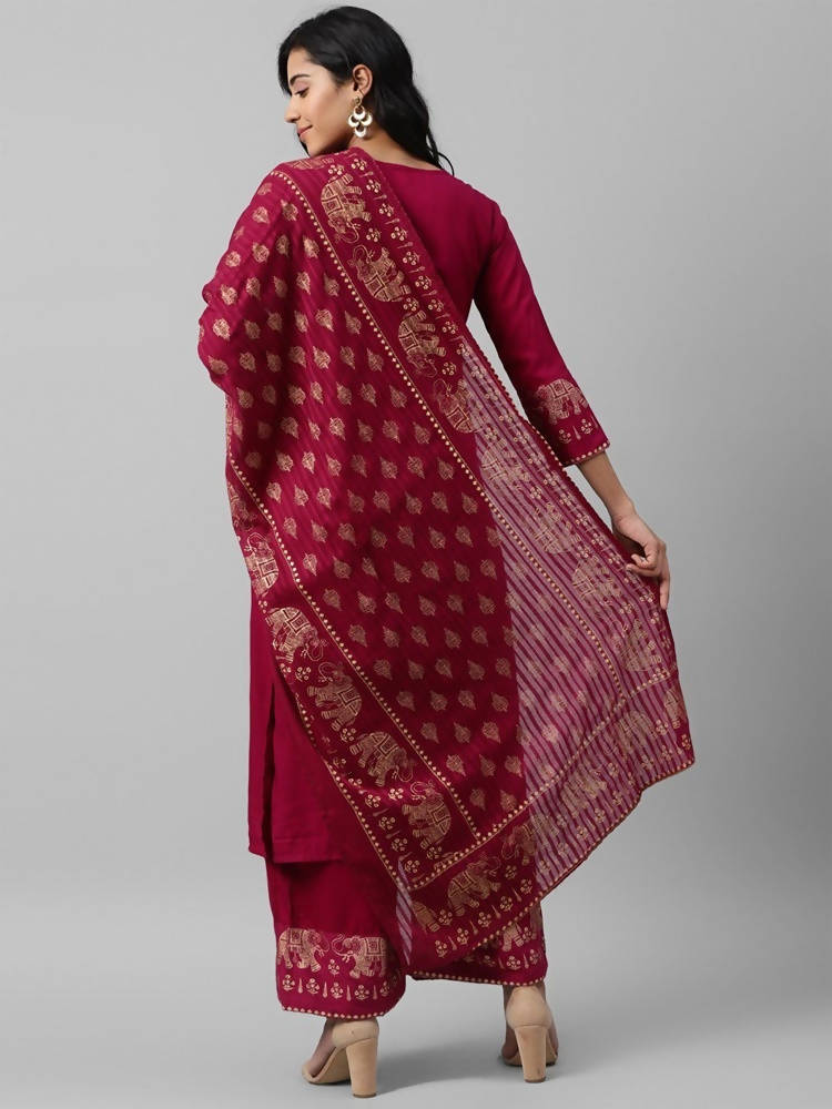Yufta Women Pink And Golden Pure Cotton Solid Kurta with Palazzo and Dupatta