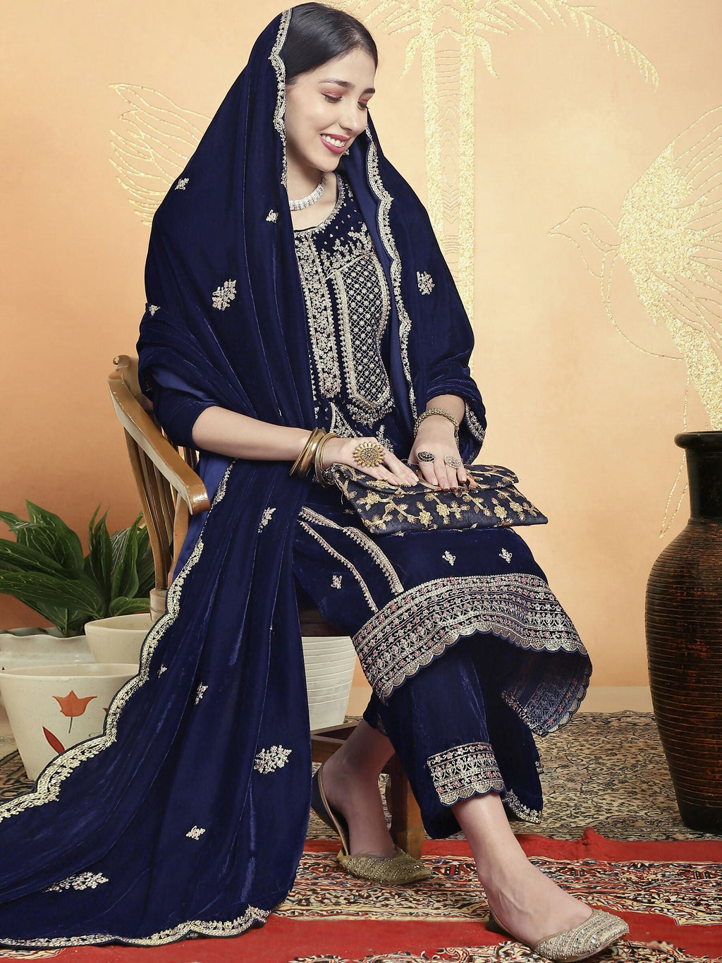 Jyoti Fashion Women's Navy Blue Velvet Cording with Resham Thread & Sequin Kurta with Trouser & Dupatta