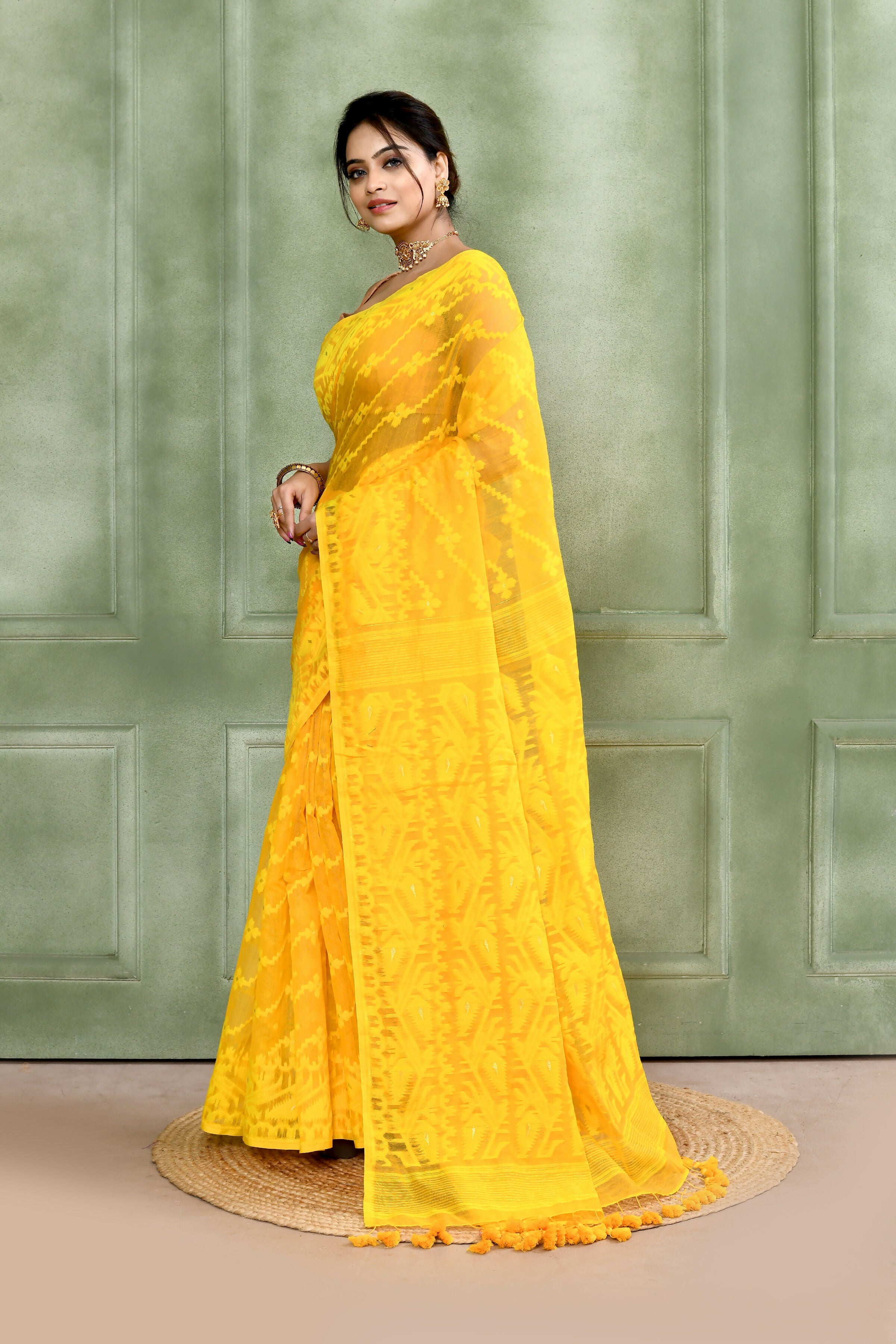 Piyari Fashion Women's Yellow Embellished Cotton Blend Jamdani Saree - Distacart