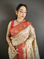 Joban Fashion Off White Intricate Motifs Soft Silk Banarasi Saree