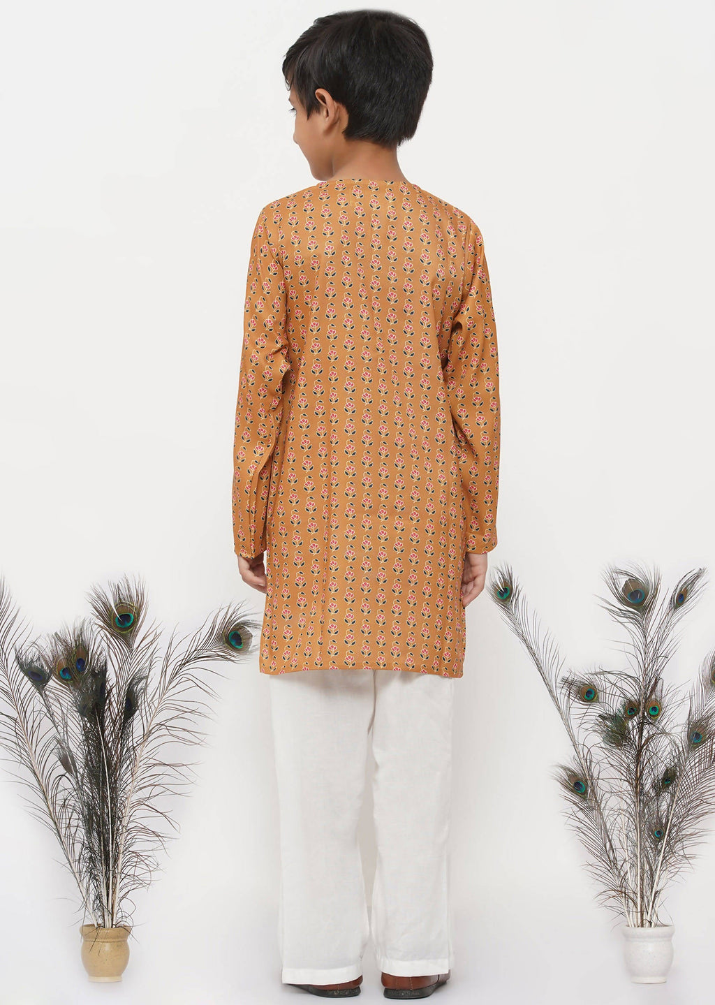 Little Bansi Boys Cotton Silk Floral Kurta with Pearl Buttons & Pyjama - Orange & Cream