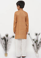 Little Bansi Boys Cotton Silk Floral Kurta with Pearl Buttons & Pyjama - Orange & Cream