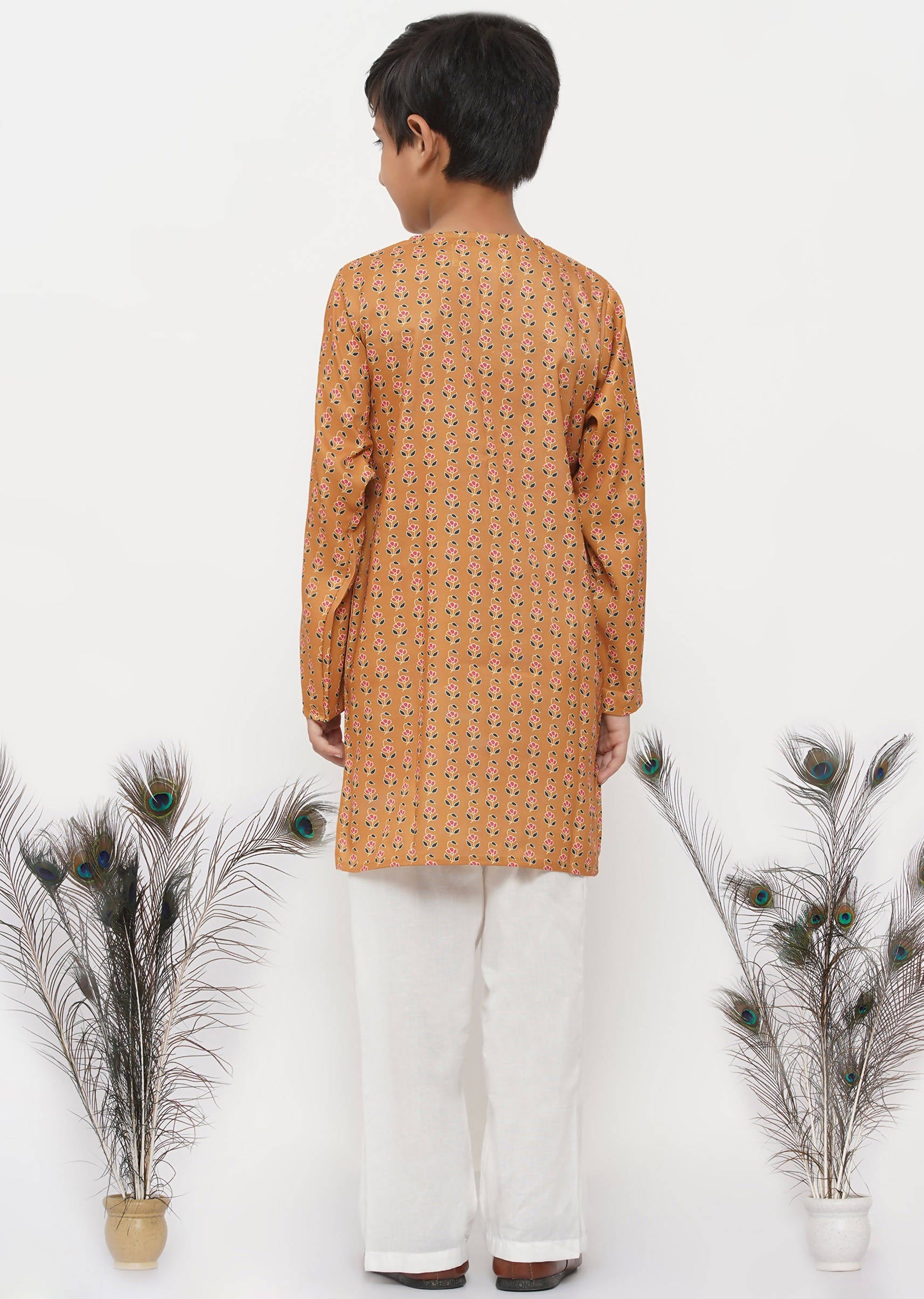 Little Bansi Boys Cotton Silk Floral Kurta with Pearl Buttons & Pyjama - Orange & Cream