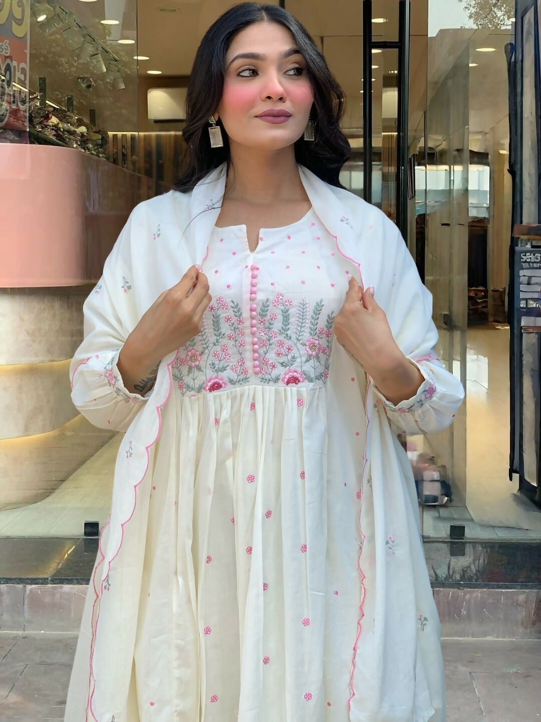 The52 White Women's Beautiful Cotton Fabric Thread Work Straight Kurta Pant and Dupatta Set - Distacart