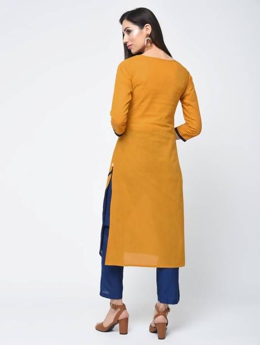 Aniyah Cotton Color Block Straight Kurta In Mustard Color (AN-102K)