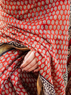 Zibaa Hand-Blocked Pure Maheshwari Silk Red Saree - Small Motifs - Distacart