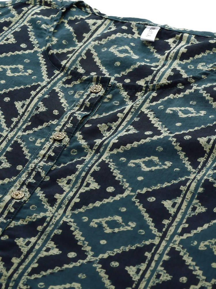 Yufta Teal Blue & Black Printed Pure Cotton Kurta with Palazzo