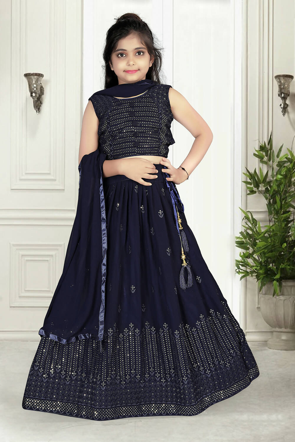 Wedding Designer Navy Blue Pure Georgette Kidswear Lehenga - Aaradhna
