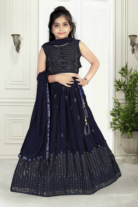 Wedding Designer Navy Blue Pure Georgette Kidswear Lehenga - Aaradhna
