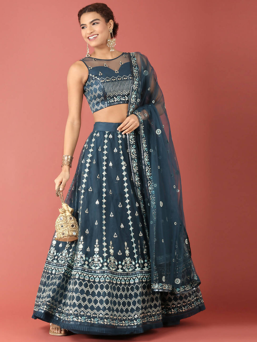 House of Panchhi Navy Blue Net Sequinse Work Lehenga & Blouse, Dupatta