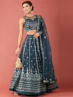 House of Panchhi Navy Blue Net Sequinse Work Lehenga & Blouse, Dupatta