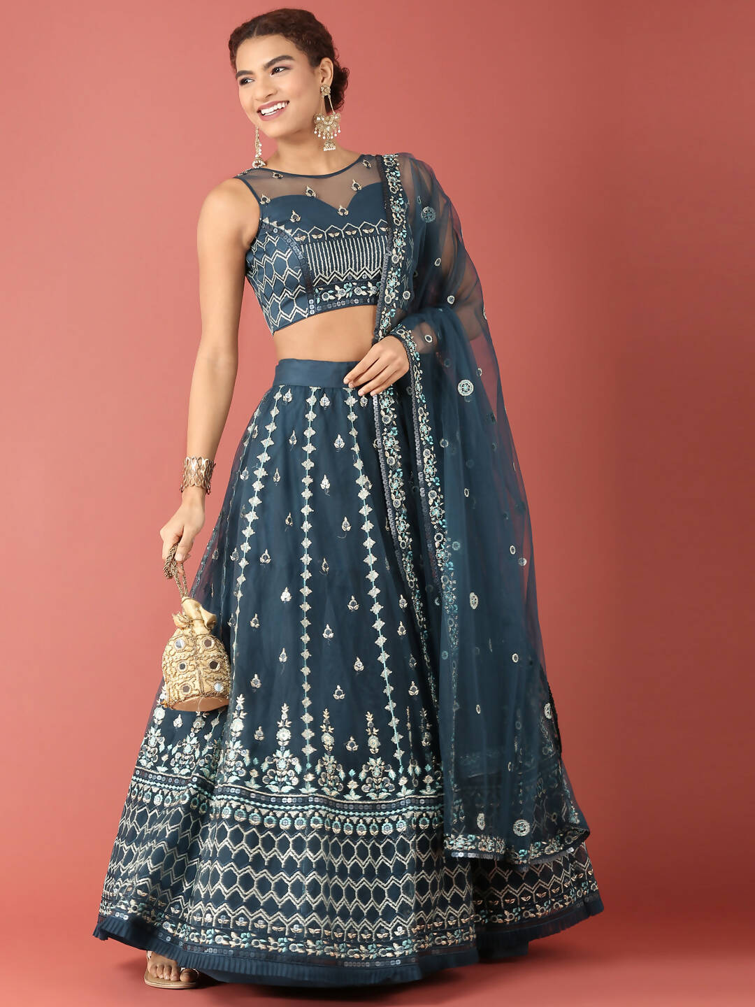 House of Panchhi Navy Blue Net Sequinse Work Lehenga & Blouse, Dupatta