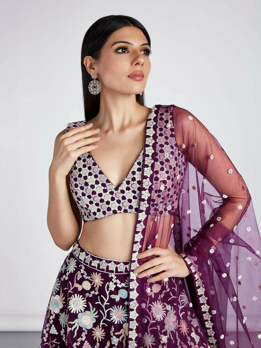 House of Panchhi Burgundy Net heavy Sequinse embroidery Semi-Stitched Lehenga choli & Dupatta