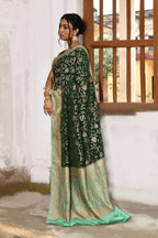 Joban Fashion Emerald Green Crepe Chiffon Pure Handloom Banarasi Silk Saree