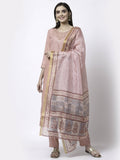 Myshka Women Peach Silk Blend Embroidered 3/4 Sleeve Round Neck Kurta Pant Dupatta Set