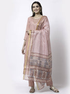 Myshka Women Peach Silk Blend Embroidered 3/4 Sleeve Round Neck Kurta Pant Dupatta Set